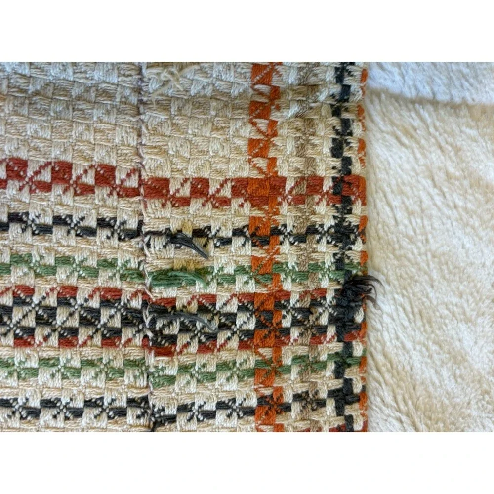 Vintage Woven Remnants Fabric Orange Yellow Green Brown Plaid MCM 2 Pieces